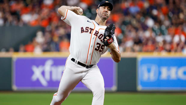 Aug 23, 2022; Houston, Texas, USA; Houston Astros starting pitcher Justin Verlander (35) delivers a pitch during the second inning against the Minnesota Twins at Minute Maid Park.